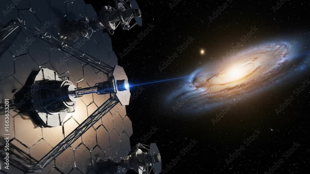 Poster advanced space observatory reflecting light beams towards a distant galaxy with intricate geometric 