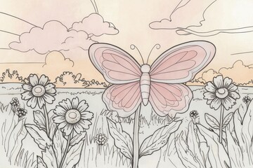 pink butterfly on a background of a field of flowers at sunset illustration coloring