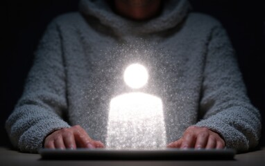 Person icon hovers over a tablet, illuminated by a light source.  A person in a light gray hoodie sits in a dark room