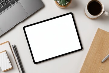 Flat lay of a modern workspace with laptop, tablet, and coffee