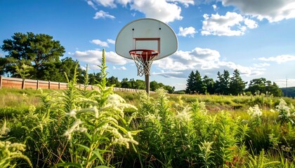 A white basketball hoop stands tall against a backdrop of vibrant wildflowers and a partly cloudy summer sky.
