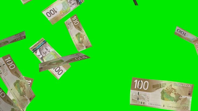Money Explosion  - 100 Dollars of Canada - Transition Blast - V - From The Bottom - Green Screen - Cinematic realistic 4K UHD 3D animation isolated on green chroma key background