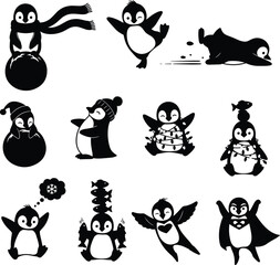 Cute Penguin Silhouettes with Winter Hats, Scarves, Holiday Lights, Snowflakes, and Fun Expressions for Seasonal and Winter Designs