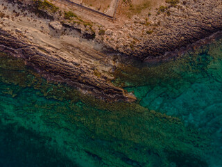 Aerial View of Cyprus Coastline with Rocky Cliffs and Turquoise Sea