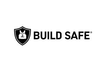 Building typography art featuring Build Safe logo on shield  