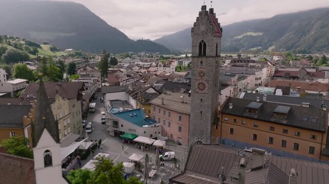 Sterzing Vipiteno on the north of Italy, Aerial Shot. Town is surrounded by Alps mountains, Province of Bolzano, Italy.