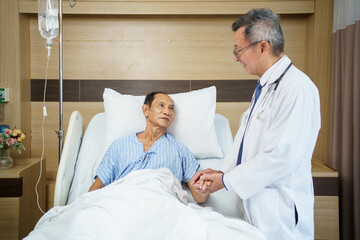 Obraz premium Doctor and nurse visiting elderly patient in recovery room with care.