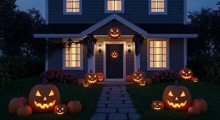 Obraz premium A festive suburban house decorated with glowing jack-o'-lanterns and spooky decorations for a traditional Halloween night celebration