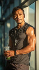 After completing a workout session at the gym, an Asian man savors a chilled matcha drink while standing in a sunlit spot, highlighting his refreshment and relaxation