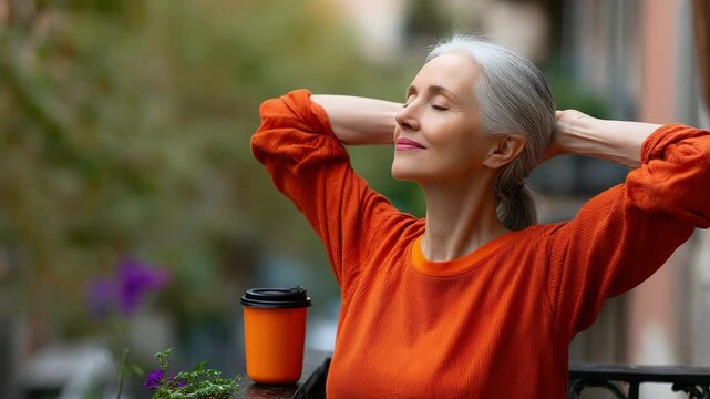 Serene older adult woman with gray hair enjoys coffee outdoors embracing relaxation and healthy lifestyle promoting longevity