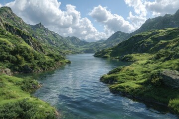 Serene mountain lake, surrounded by lush greenery and dramatic peaks under a partly cloudy sky