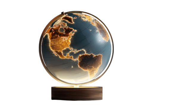 Illuminated globe on a wooden base.  Detailed map, warm light