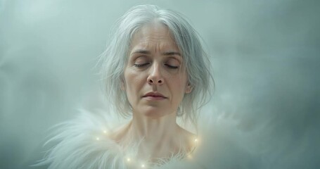Senior woman meditating in misty haze, with glowing orbs pulsing on feathery collar for calm - Powered by Adobe