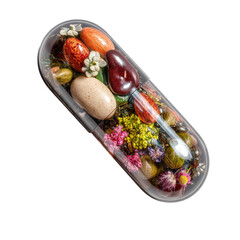A transparent capsule filled with various foods and flowers.  Colorful fruits, nuts, and blossoms are meticulously arranged inside.  Healthy nutrition concept