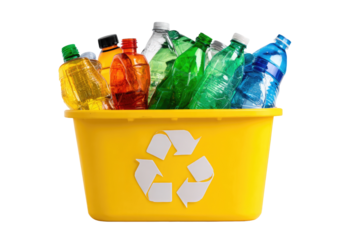 Recycling bin filled with various plastic bottles