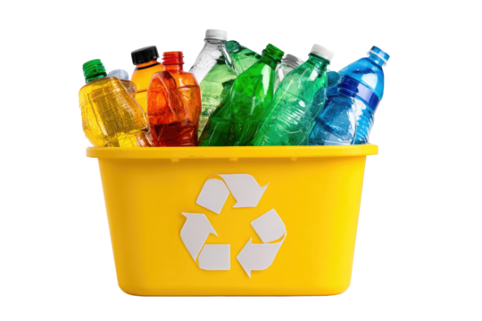 Recycling bin filled with various plastic bottles