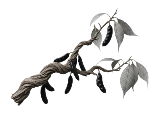An ancient, gnarled branch with deeply textured bark, elegant curves, obsidian pods, and silvery leaves, macro close-up on a transparent background, mystical ancient natural artifact