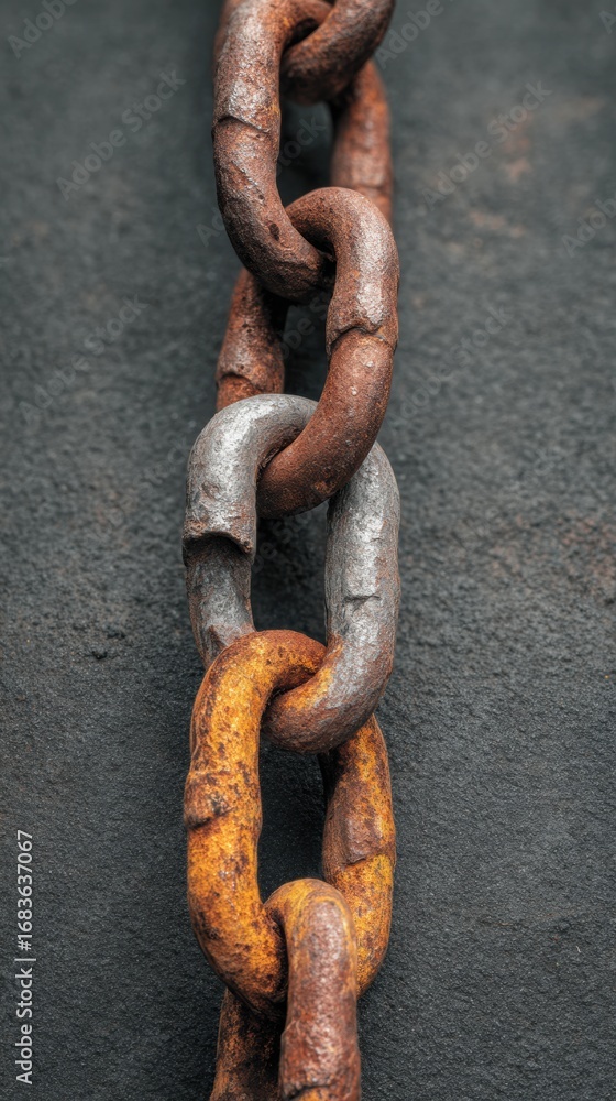 Aufkleber three linked metal chains in rust and silver stand out against a dark backdrop, showcasing their tex