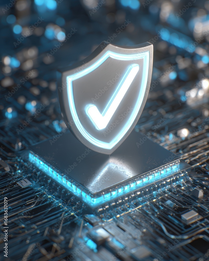 Poster digital shield of trust: the illuminated shield symbol represents robust security and trust, resting