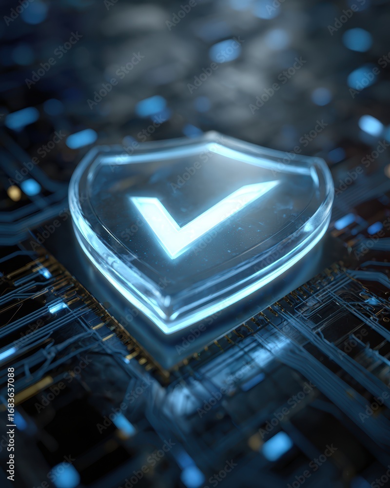 Poster cyber shield: a glowing digital shield, with a definitive check mark, encapsulates the essence of se