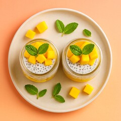 Top view of mango chia pudding jars with mint leaves on plate over orange pastel background