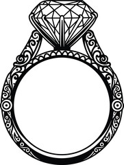 Silhouette of diamond engagement ring with vintage ornate design, jewelry vector illustration, wedding symbol, luxury accessory, romantic love concept