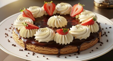 Delicious dessert with rich chocolate ganache, fluffy cream, fresh strawberries, and decorative swirls on a smooth pastry base, perfect for any celebration or gathering