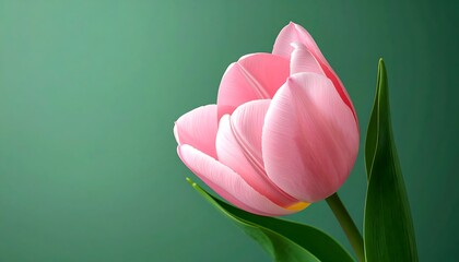 A delicate, pink tulip blossoms against a backdrop of deep teal, showcasing its soft petals and vibrant green leaves.