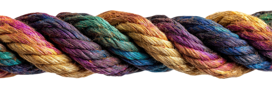 Close-up of intricately woven, multicolored ropes.  Colorful, tightly braided ropes, showing a variety of shades and hues.  The natural fibers are visible.  A mix of vibrant and muted colors