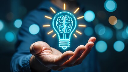 Illuminating Minds Concept Representing Bright Ideas and Innovation with Human Hand Supporting a Glowing Lightbulb Brain Symbol