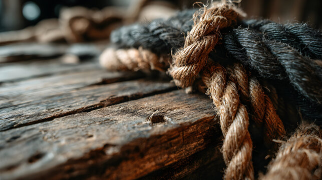 Close-up of tan and dark brown rope on a weathered wooden surface.