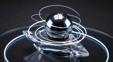 Modern abstract representation of atomic structure featuring shiny sphere with dynamic light trails on a sleek glass base in dark background