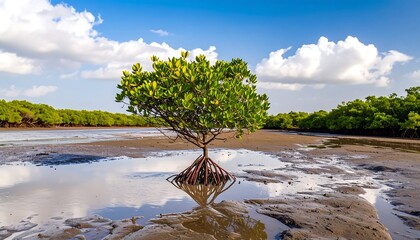 A vibrant mangrove tree stands proudly in a shallow, tranquil bay, its roots reflecting in the still water, showcasing a serene coastal ecosystem.