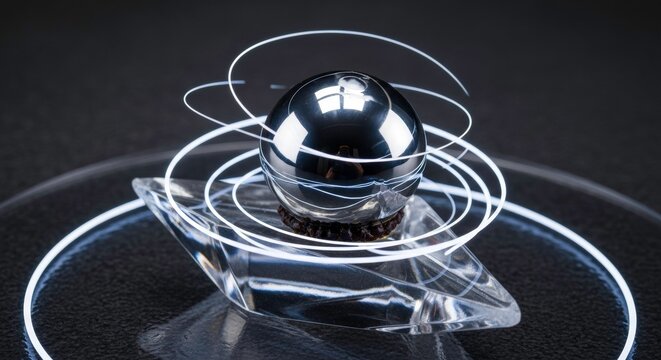 Modern abstract representation of atomic structure featuring shiny sphere with dynamic light trails on a sleek glass base in dark background