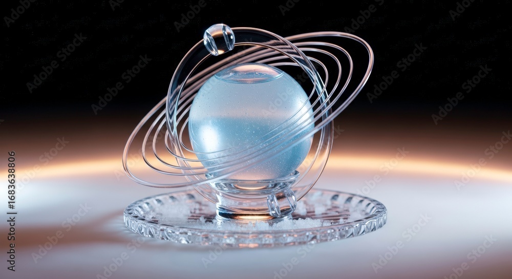 Poster glass globe with intricate silver rings representing atomic structure, floating above a crystal base