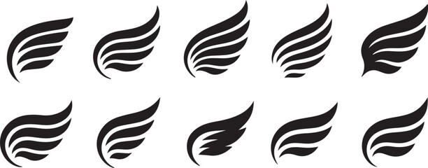 Wings set vector illustration with bird and feather design in black silhouette style. set of black wings icons, angel or bird wings