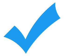Blue curved check mark PNG with transparent background, flat confirmation icon for approved input,...