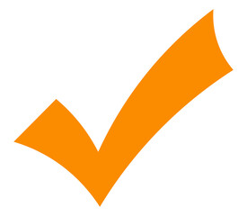 Orange check mark PNG with transparent background, bold curved tick icon for task confirmation,...