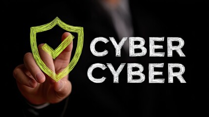 Hand touching a yellow shield icon with a check mark over the words "CYBER CYBER" on a dark background