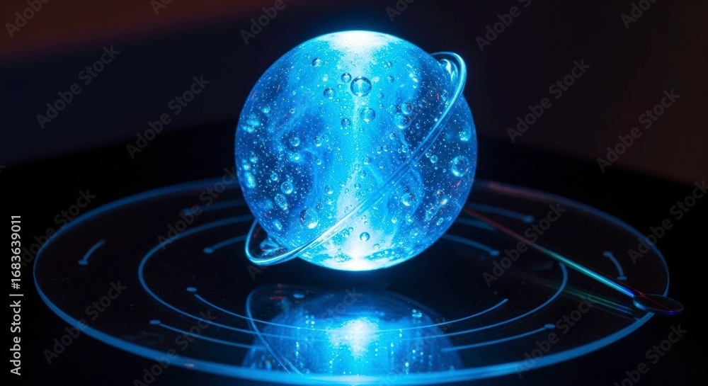 Poster glowing planet with rings on transparent base illuminating dark background in captivating sci-fi sty