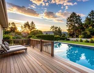 A tranquil wooden deck overlooking a swimming pool and lush landscape at golden hour.