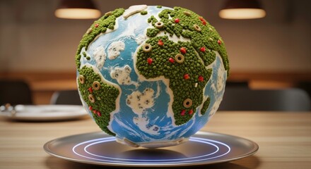 Colorful Edible Earth Model Made with Cake and Vegetables, Representing Global Awareness and Sustainability with Creative Edible Materials