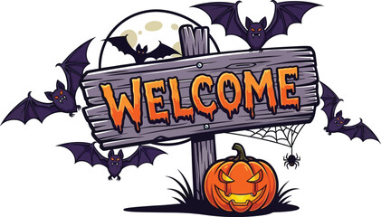 Halloween welcome sign with bats pumpkin spiderweb and moon for spooky season