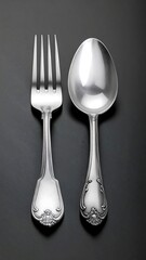 Elegant silverware fork and spoon set, featuring intricate, decorative patterns on polished handles, presented against a dark background.