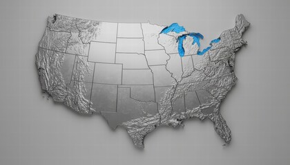 3D map of the United States, highlighting a specific region in light blue.