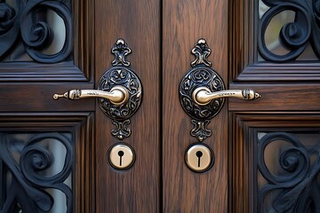 Ornate wooden door with decorative metal accents and brass handles and keyholes close up view