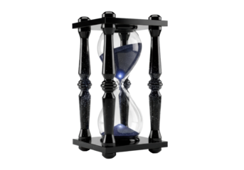 Imposing obsidian hourglass with faceted hexagonal supports, frosted deep indigo crystal bulbs, ethereal glowing stardust cascading, isolated on transparent studio background with copy space.