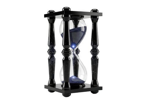 Imposing obsidian hourglass with faceted hexagonal supports, frosted deep indigo crystal bulbs, ethereal glowing stardust cascading, isolated on transparent studio background with copy space. - Powered by Adobe