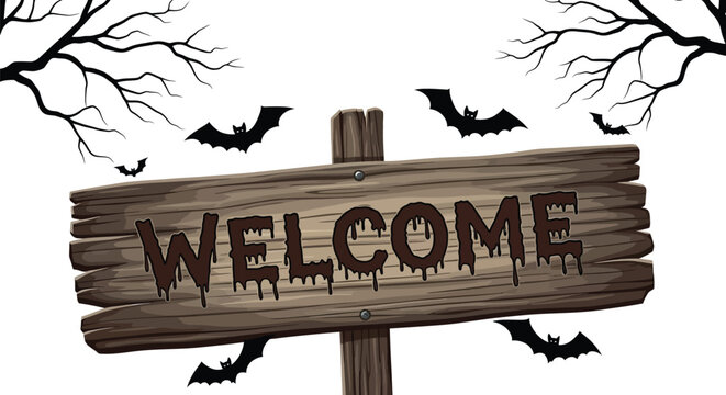 Spooky halloween welcome sign with bats and moon for a haunted house party