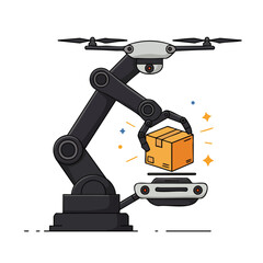 A futuristic drone-mounted robotic arm efficiently processes and prepares a small e-commerce package for swift, modern delivery and optimized logistics.